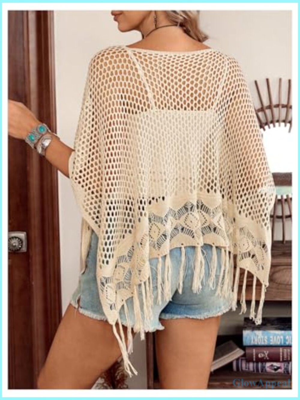 Fringe Crochet Beach Cover Up Hollow Out Off Shoulder Poncho Top - Picture 2 of 5